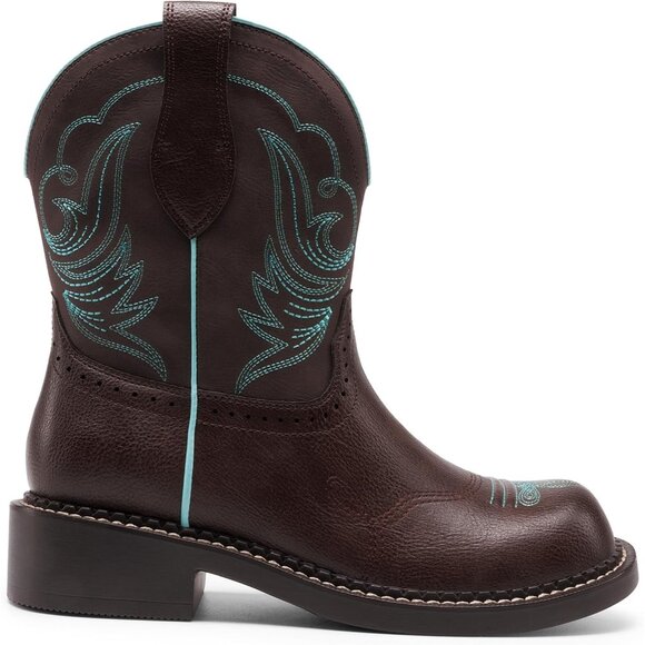 Women's Cowgirl Round Toe Embroidered Mid Calf Western Boot Concert Brown Blue - Picture 3 of 7